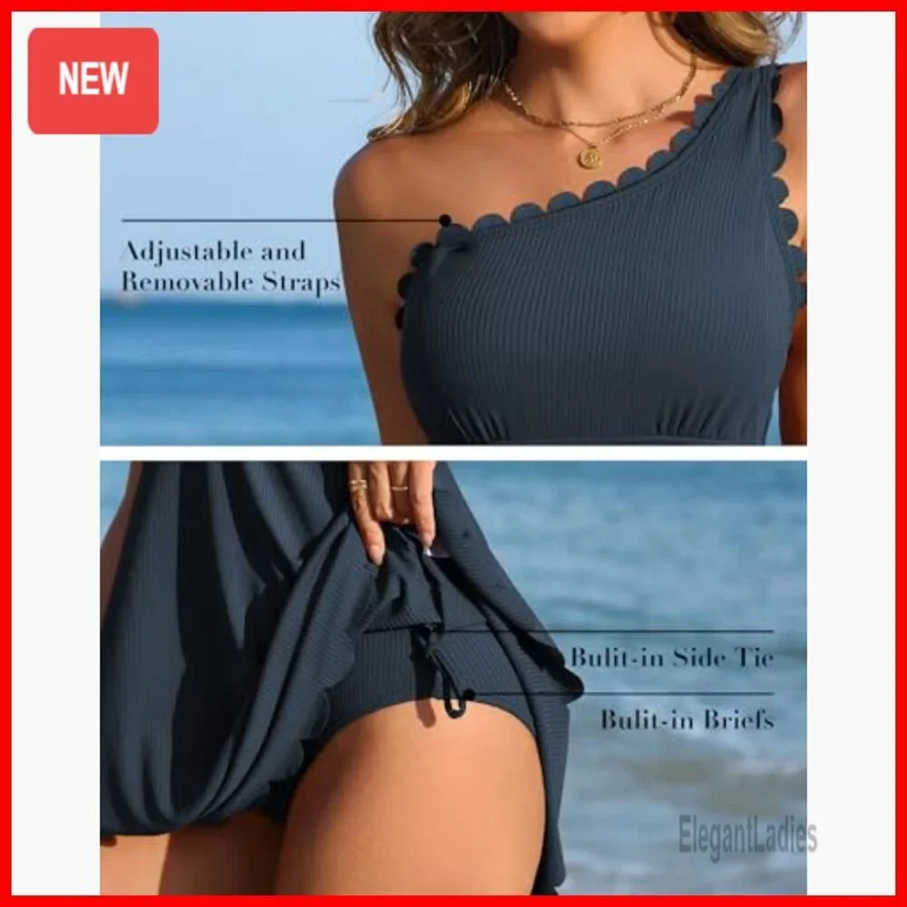 Large Ribbed One Shoulder Swim Dress Tummy Control One Piece - Picture 4 of 7